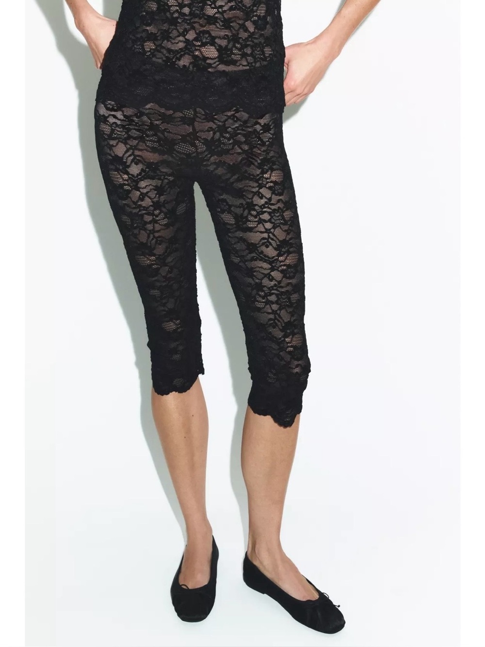 ZARA NWT Black Floral Lace Sheer Capri Leggings Y2K Party Pants